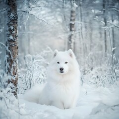 Obraz premium a fluffy Samoyed sitting in a snowy forest, its white fur blending with the surroundings.