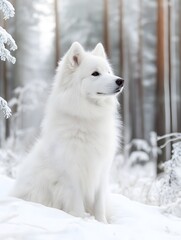  a fluffy Samoyed sitting in a snowy forest, its white fur blending with the surroundings.