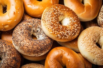 Many kind of bagels bread food.