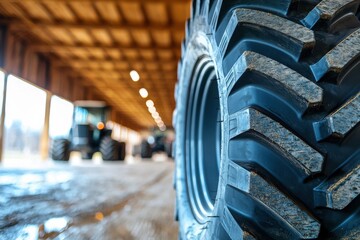 Close-up of a new tractor tire in a barn deep treads and surrounding agricultural tools and equipment