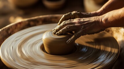 A skilled artisan shaping clay on a pottery wheel in warm natural light.