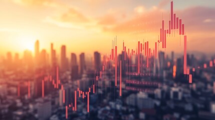 Fototapeta premium Shimmering stock market graph over a sunset sky, with modern commercial buildings in the foreground and a glowing candlestick chart, symbolizing financial growth, investment, and economic trends.