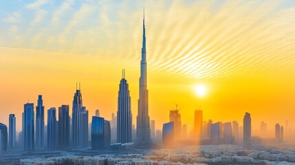 Obraz premium Stylish and towering skyscrapers rise above a futuristic urban cityscape at sunset, bathed in warm golden light, symbolizing modern architecture, innovation, and metropolitan progress.
