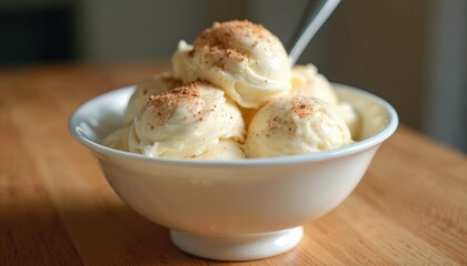 Vanilla ice cream in bowl. Sweet milky dessert in white ceramic dish on wooden table sprinkled cinnamon powder. Gourmet Italian gelato with spices close-up, spoon. Food presentation, summer delicacy.