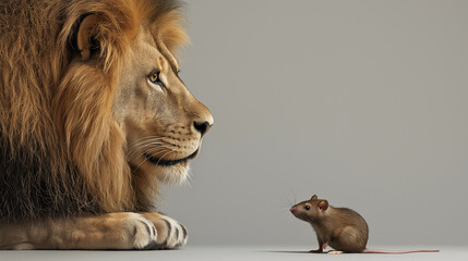 Lion and mouse on background with dependence business ideas concept. Lion and the mouse with Aesop fairy fable tale. Friendship