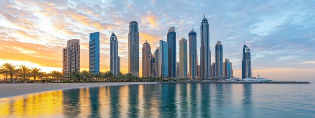 Stylish and towering skyscrapers rise above a futuristic urban cityscape at sunset, bathed in warm golden light, symbolizing modern architecture, innovation, and metropolitan progress.