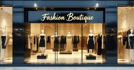Elegant gold black fashion boutique sign embossed lettering mounted stylish glass storefront softly glowing mannequins designer outfits