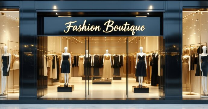 Naklejki Elegant gold black fashion boutique sign embossed lettering mounted stylish glass storefront softly glowing mannequins designer outfits