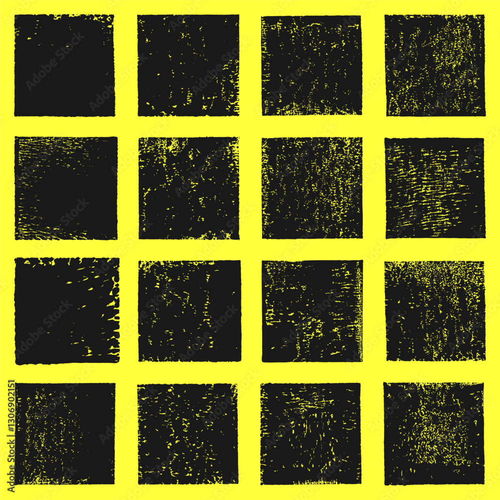 Fototapete grungy textured hand printed square shapes collection. linocut vector relief block printing squares,