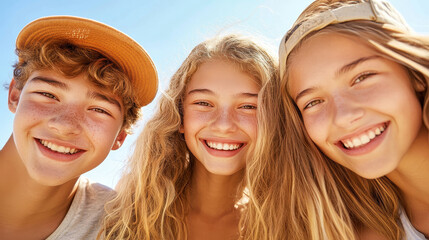 Fototapeta premium Group of smiling teenagers enjoying a sunny day outdoors together