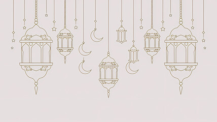 Fototapeta premium Arabic Traditional Ramadan Kareem Lanterns with Hanging Stars, Moon in Golden Oriental Style featuring intricate Islamic patterns glowing lights, a festive ambiance symbolizing the spirit of Ramadan