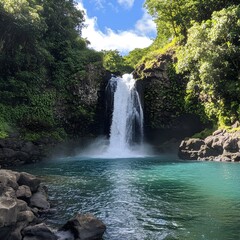 Fototapeta premium a hidden waterfall cascading into a turquoise pool, surrounded by lush greenery.