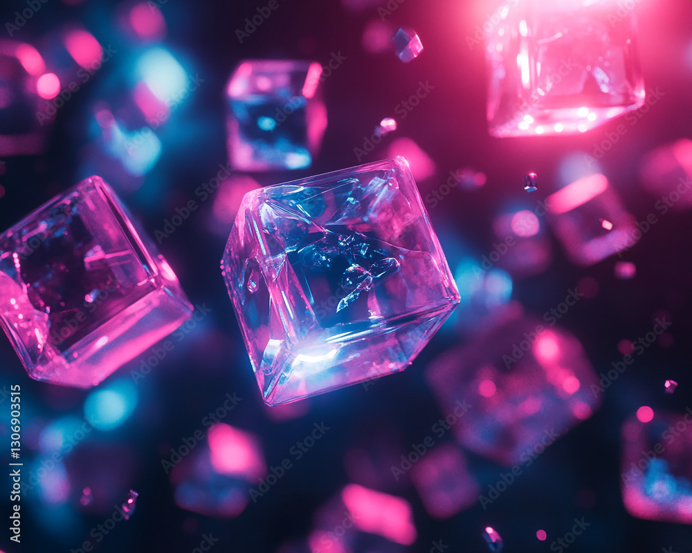 Poster Pink and blue illuminated ice cubes float in dark space, creating a vibrant, dynamic, and abstract effect, ideal for futuristic or nightlife themes