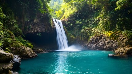 Fototapeta na wymiar a hidden waterfall cascading into a turquoise pool, surrounded by lush greenery.