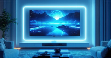 Futuristic white frame smart tv inactive holographic screen floating high tech living room soft ambient blue led lighting
