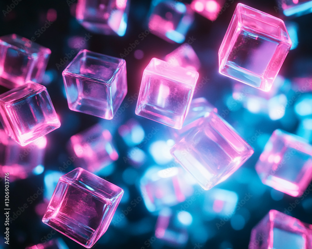 Poster Floating translucent cubes, illuminated by pink and blue neon light, creating a vibrant, dynamic composition, showcasing a futuristic or abstract concept
