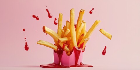 Floating French fries with ketchup splashes on a soft pastel buttercream background