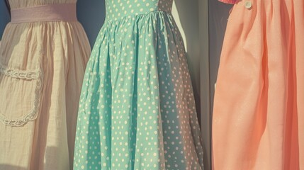 Three dresses hanging on a rack. the first dress on the left is a light pink color with a ruffled skirt and a white lace trim.