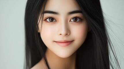 Fototapeta premium Beautiful young woman with long black hair and captivating eyes smiling gently in soft natural light