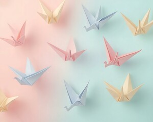 Colorful origami cranes floating on a soft pastel background, symbolizing peace and hope.