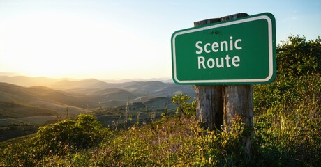 Obraz premium Green rectangular scenic route sign white text mounted rustic wooden post softly illuminated golden hour sunlight rolling hills