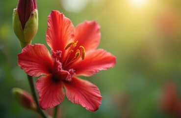 Close-up shot of bright red blooming flower with pistils and buds among green leafage with light leaks. Summer or spring floral theme, botany, gardening, eco, Australian flora concept.