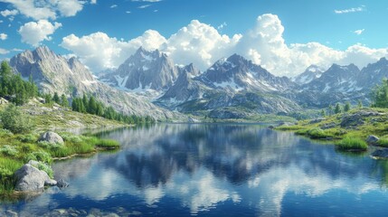 Fototapeta premium A serene landscape featuring majestic mountains, lush greenery, and a tranquil lake reflecting a bright blue sky with fluffy clouds.
