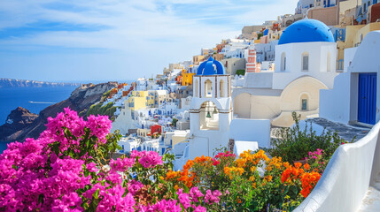 Fototapeta premium breathtaking view of oia santorini with white washed houses, blue domed churches, and narrow alleys on a cliff overlooking the aegean sea under a radiant sunset sky, perfect for travel, tourism