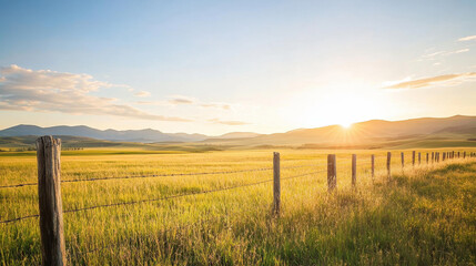 Obraz premium Vibrant sunlight over a serene rural landscape with a wooden fence line