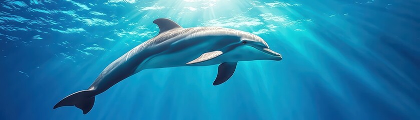 Obraz premium Dolphin Swimming Gracefully in Deep Blue Sea with Sunlight Rays Beneath the Surface