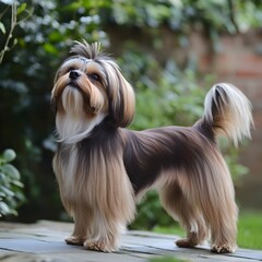 Naklejka premium a Löwchen standing proudly in a garden, its stylish haircut resembling a miniature lion.