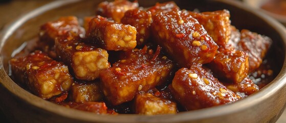 Glazed Tempeh in Wood Bowl, with red chili flakes, for a food or vegan use