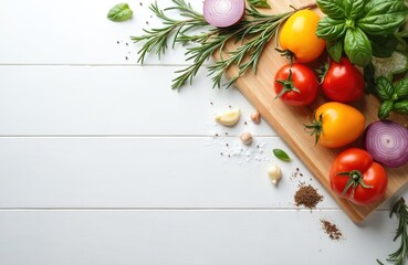Top view of cooking food ingredients fresh vegetables, herbs, spices on white wooden kitchen table, wooden cutting board. Diet eco nutrition concept, food preparation background with copy space.