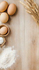 Organic baking ingredients including fresh eggs, flour, and wheat arranged on a rustic wooden background. Perfect for recipe blogs, cookbooks, and food branding. Selective focus