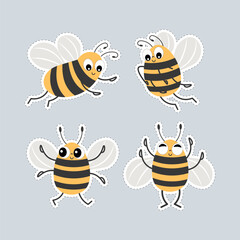 Set of drawn colorful cute funny bees, stickers. Decor for postcard, for kids bedroom, children's clothes