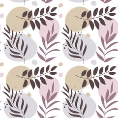 Seamless pattern in boho style, branches with leaves and abstract spots of pastel colors. Vintage texture, print, background, textile
