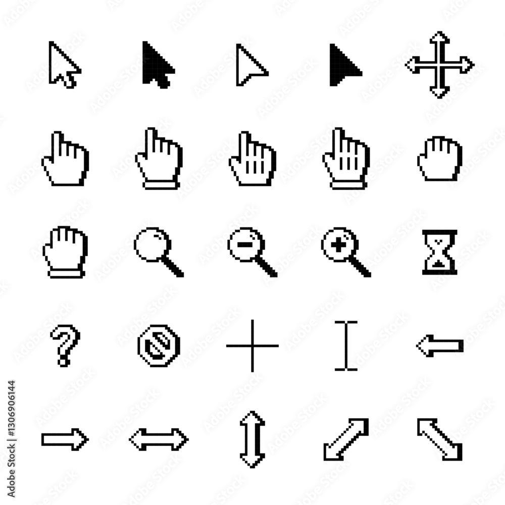 Fototapete Pixelated white computer cursor icons. Pixelated white computer pointer icons