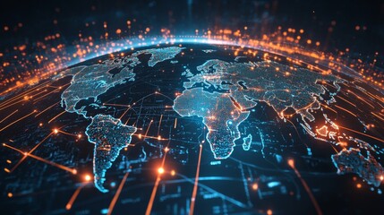 A digital map of the world with glowing data streams flowing between countries, symbolizing global business interactions and digital communication.