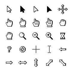 Pixelated white computer cursor icons. Pixelated white computer pointer icons