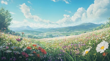 Fototapeta premium a peaceful meadow covered in wildflowers, stretching towards the horizon.