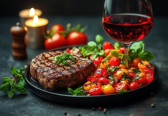 Succulent grilled steak served with fresh tomatoes and basil, paired with a glass of red wine, perfect for a gourmet dining experience. Copy space, commercial use