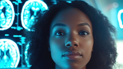 Close-up Portrait of Woman with Radiant Skin and Deep Eyes