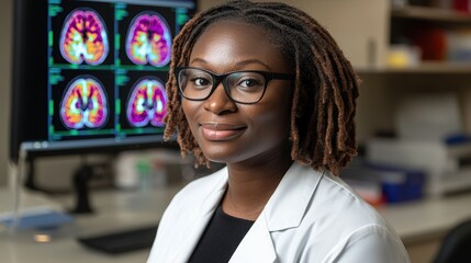 Young female medical professional with computer displaying scans