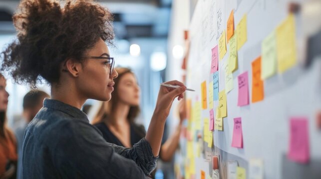 Marketers engaging in an interactive branding workshop, mapping out brand values and identity using sticky notes, visual aids, and creative tools on a whiteboard.