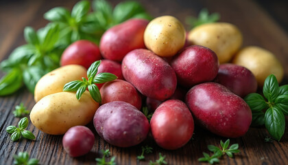 Various types of new colorful potatoes. Heap of white, red, purple potatoes with basil leaves. Agriculture harvest concept. Fresh organic raw diet vegetarian yellow nourishment.
