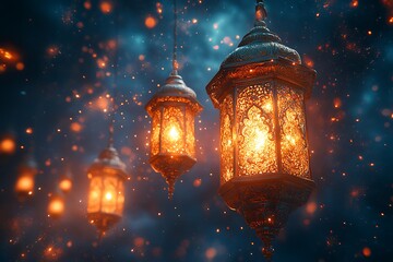 Obraz premium Glowing Ornate Lanterns Against a Starry Night