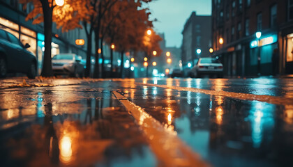 Moody urban street at night with wet pavement reflecting city lights, autumn trees, and parked cars


