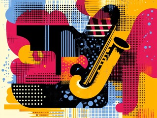 A visually striking jazz music festival poster with abstract elements of saxophone