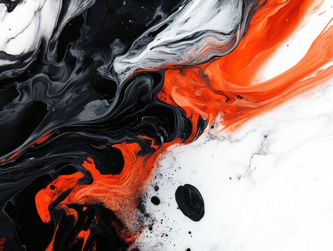 Abstract orange black white fluid art painting