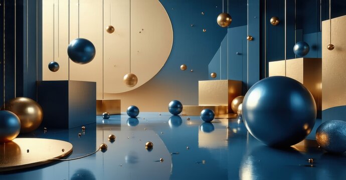 Minimalist high end geometric background elegant weightless spheres solid metallic cubes muted champagne soft navy radiant amber